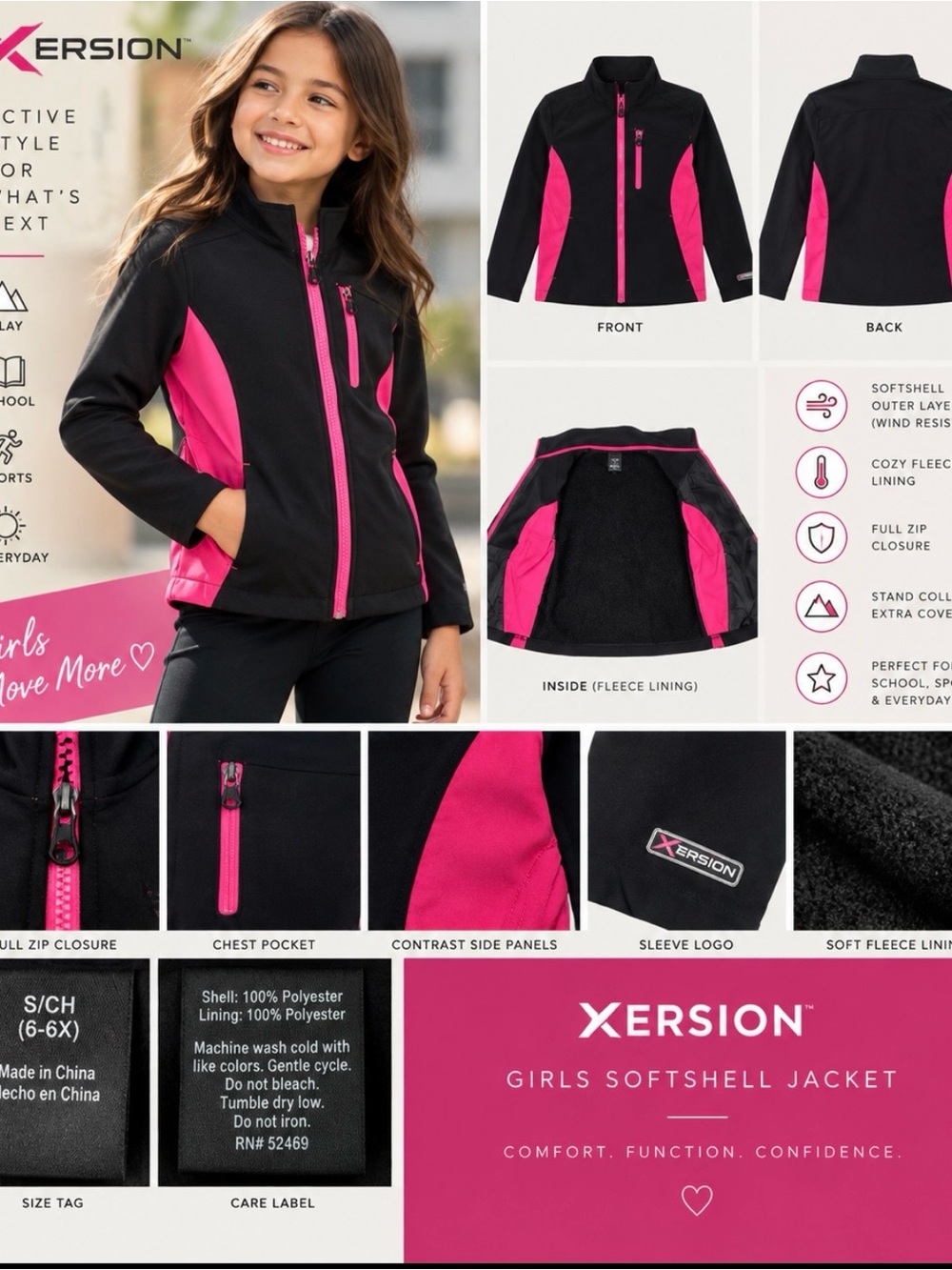 Xersion Girls 6/6X Black& Pink Softshell Zip Jacket Fleece Lined EUC